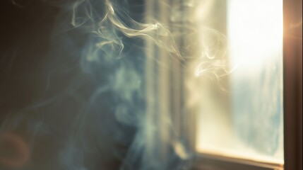窓辺の逆光で立ちのぼる煙のシルエット