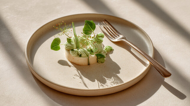 Elegant plate of gourmet food with fresh green vegetables, artistic presentation, and a fork.