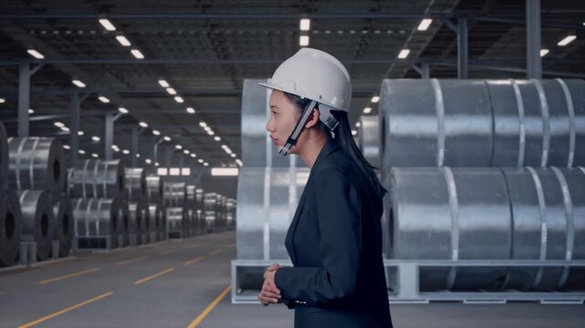 Side View of Asian Businesswoman Walking and Speech in Warehouse of Metal Steel Coils