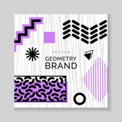 Obraz premium Geometry brand square poster. Purple geometrical abstract elements, lines and dots, Memphis style design social media post background. Decorative forms, minimal style vector contemporary illustration