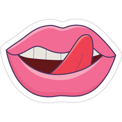 Pink lips with a tongue licking them in a playful gesture with a transparent background and dotted outline illustration.