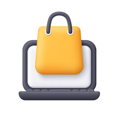 Black computer laptop with yellow shopping bag on white screen. Online shopping, e-commerce, digital marketing, online retail and delivery concept. 3d vector icon. Cartoon minimal style.