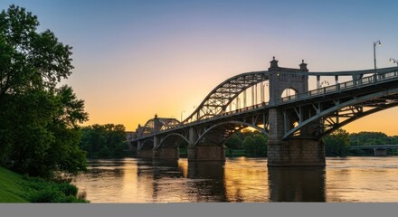 Obraz premium A scenic view of an ornate bridge stretching over a river at sunset, with trees on the banks
