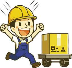 Energetic Cartoon Warehouse Worker with Box and Trolley, Cheerful Industrial Employee Running with Package