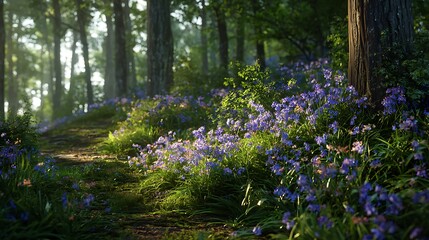 Bluebell forest glowing in morning sunlight high resolution HD images