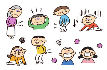体調不良なシニアたちのイラストセット