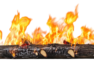Campfire with burning logs and bright flames isolated on transparent background. Blazing log fire burning with intense flames isolated on white background.