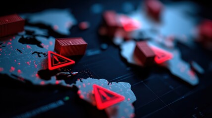 supply chain manufacturing cost concept. Map with red warning signs and shipping containers illustrating logistics risks.