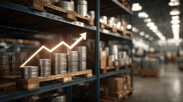 supply chain manufacturing cost concept. Stock market growth depicted with shelves of containers in a warehouse setting.