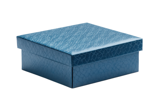 Elegant blue gift box with intricate pattern isolated on transparent background. Blue gift box isolated on white background.