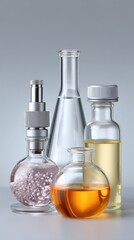 Arrangement of Laboratory Glassware Featuring Colorful Liquids and Bubbles Under Soft Studio Lighting on a Neutral Background