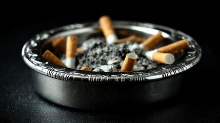 灰皿に積もる吸い殻のクローズアップ