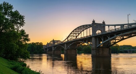 Fototapeta premium A scenic view of an ornate bridge stretching over a river at sunset, with trees on the banks