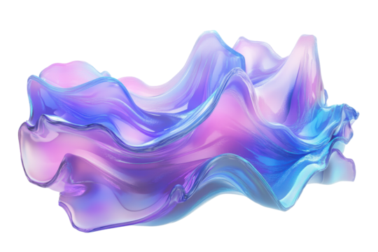 Abstract iridescent wavy form isolated on transparent background. Blue pink purple wave fluid holographic Iridescent abstract isolated on white background, 3d rendering. - Powered by Adobe