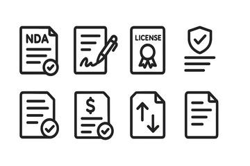 Line icons for legal agreements and business contracts. NDA, digital signature, license, insurance, compliance, conditions of payment, and upload-download paper vector illustration are all included