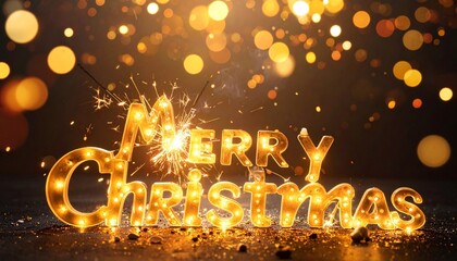 “Merry Christmas” in glowing gold with sparkler and bokeh lights