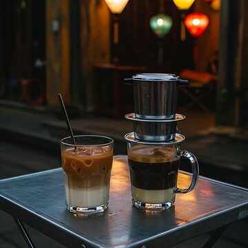 A traditional Vietnamese phin coffee dripper perched over a glass of condensed milk, creating ca phe sua da, next to a glass of iced coffee on a metal table in a Hoi An alley. 