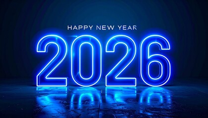 Neon “HAPPY 2026” glowing blue on dark reflective surface