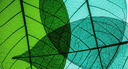 Close up of translucent green and teal skeletonized leaves showing intricate vein patterns isolated on white background