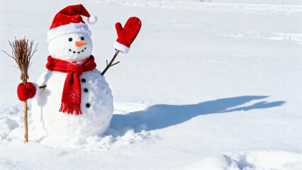 Snowman wearing red hat and scarf, waving in snowy landscape