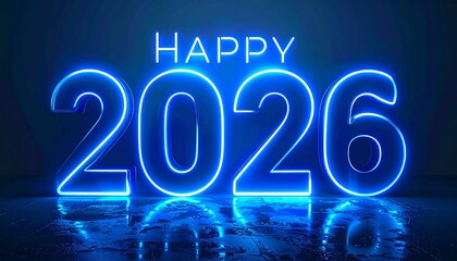 Neon “HAPPY 2026” glowing blue on dark reflective surface