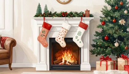 Cozy Christmas fireplace with stockings, tree, and wrapped gifts