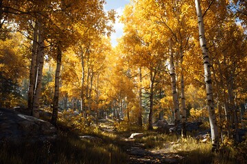 Fototapeta premium Sunlit aspen grove in golden fall season photos