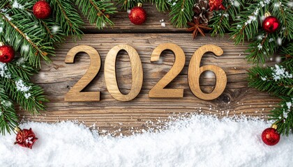 Wooden “2026” on snowy surface with pinecones and ornaments