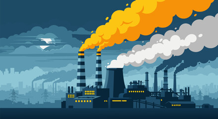 Illustration of an industrial plant with smoke pollution in a flat design, environmental concerns