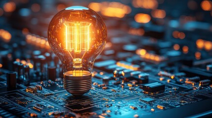 Brilliant glowing incandescent lightbulb symbolizes innovation and bright ideas emerging from complex technology circuits