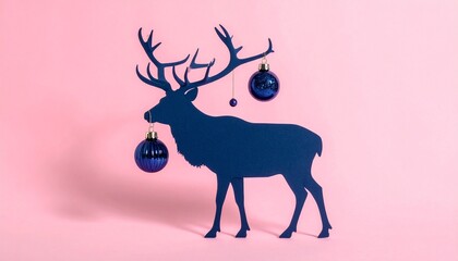 Dark deer silhouette with ornamented antlers on pink background