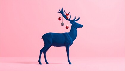 Dark deer silhouette with ornamented antlers on pink background
