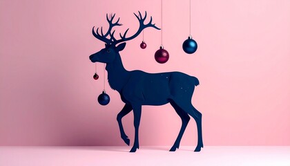 Dark deer silhouette with ornamented antlers on pink background