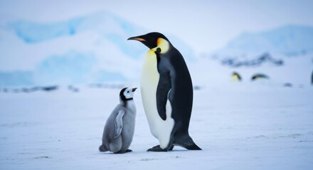 Fototapeta premium A tall Emperor penguin stands next to its smaller chick on snowy, icy Antarctic terrain