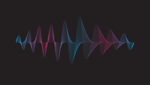 Abstract digital sound wave visualization with vibrant neon gradients of pink, blue, and purple on a dark background.