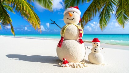 Two sand snowmen with scarves and hats on tropical beach