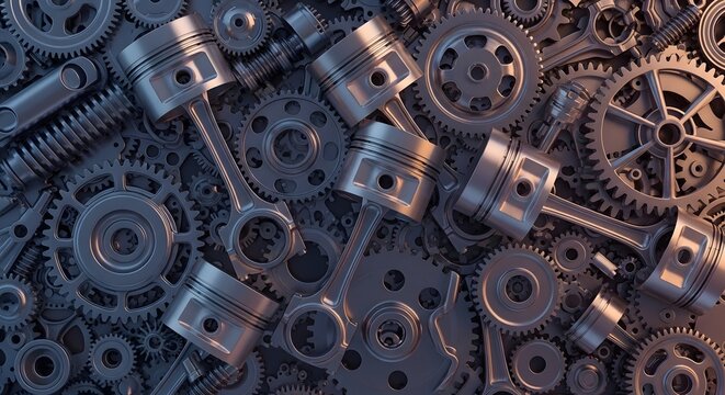 Close up view of intricate metal gears and engine pistons creating a complex mechanical background texture