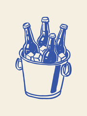 Beer bottles in ice bucket hand drawn sketch vector illustration