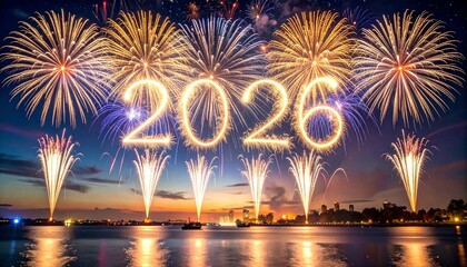 “2026” formed by fireworks over water with city silhouettes