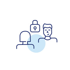 Woman and man in conversation and lock. Secure collaboration, trusted dialogue. Pixel perfect, editable stroke vector icon