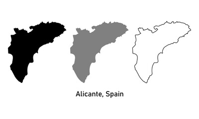 Map of Alicante, a province in Spain. Map with various styles of outlines, black and gray.