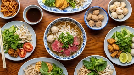 A top-down flat lay of a traditional Vietnamese meal on a wooden table.