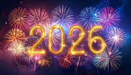 Golden “2026” with fireworks over city skyline and water