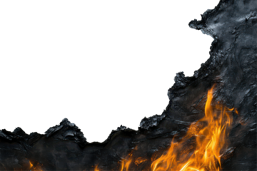 Fiery flames and water splash isolated on transparent background. Burnt paper edges with fire and black ash isolated on white background.