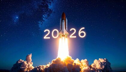 Rocket launch beneath glowing “2026” in starry night sky
