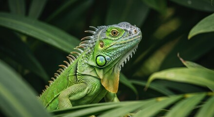 A vibrant green iguana emerges from lush tropical foliage, looking alert and curious
