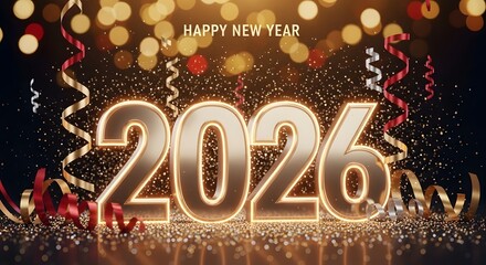 Luxurious Golden 2026 New Year Celebration with Shimmering Numbers, Festive Confetti, and Elegant Ribbons on a Bokeh Light Background, Perfect for Holiday Greetings and Future Hopes