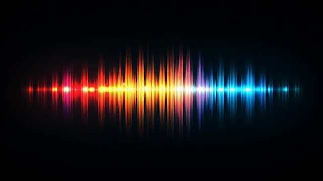 A vibrant audio waveform representation with colorful peaks on a dark background, symbolizing sound visualization.