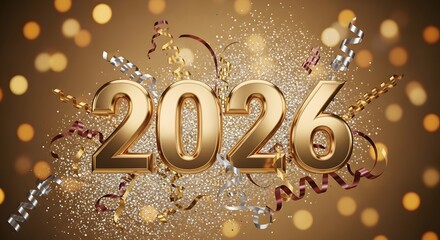 Happy New Year 2026 Golden Number with Festive Confetti and Bokeh Lights Celebration