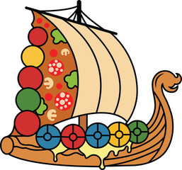 Whimsical viking ship pizza design creative food art fun foodie graphic